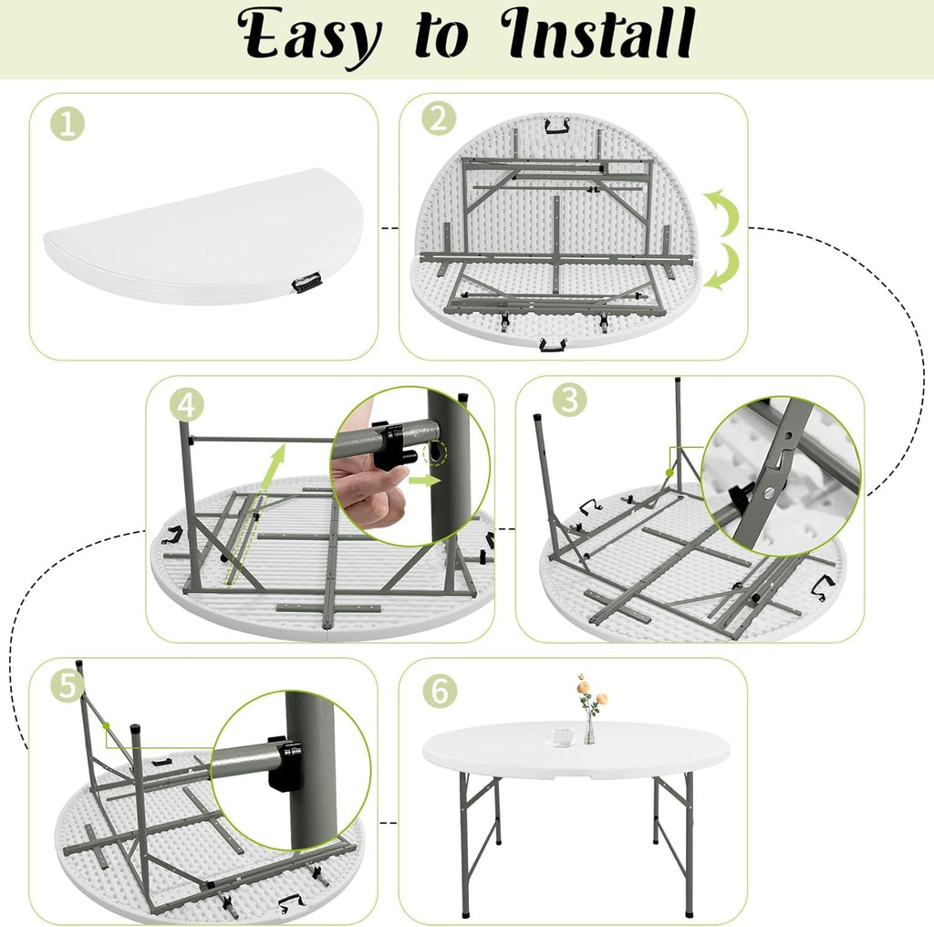 Round Folding Tables White Foldable Table, Fold-in-Half with Carrying Handle Portable Plastic Table for Party