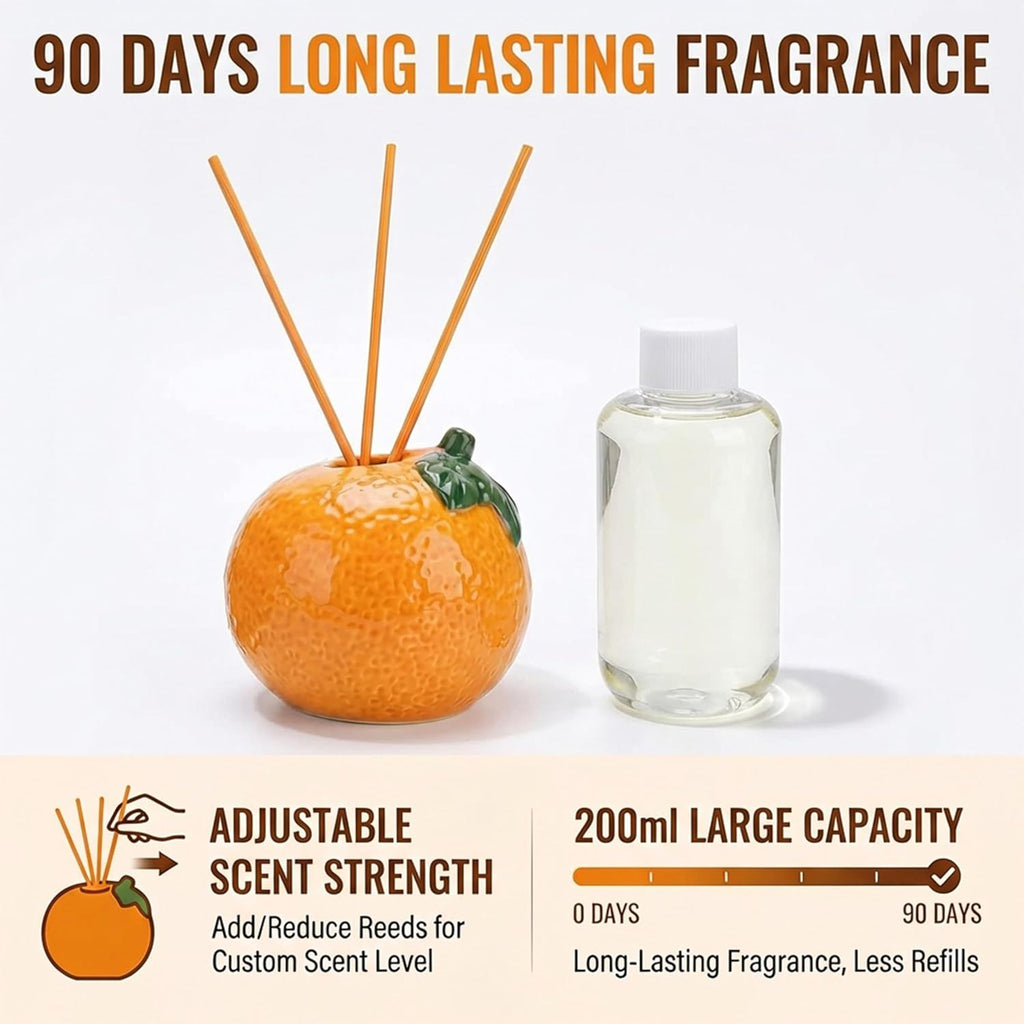 Sweet Natural Orange Scented Reed Diffuser Set - 6.76 fl oz (200ml) with Sticks, Creative Orange-Shaped Ceramic