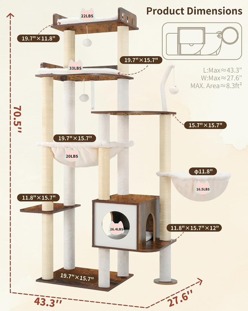 Cat Tree, 70.5" Wood Tall Cat Tower for Large Indoor Cats