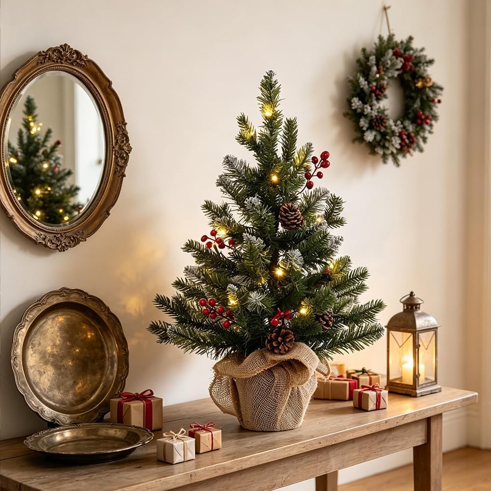 2 FT Mini Christmas Tree, 24" PE Prelit Small Artificial Tabletop Snow Flocked Christmas Trees Decor with 20 Lights