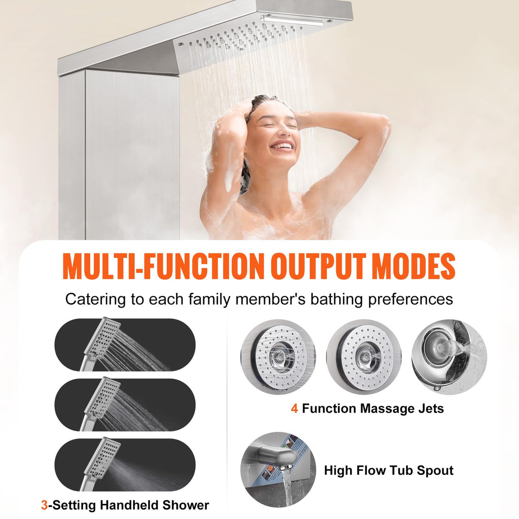 Shower Panel Tower System, 6 Shower Modes, LED & Display Shower Panel, Rainfall, Waterfall, 4 Body Massage Jets, Tub
