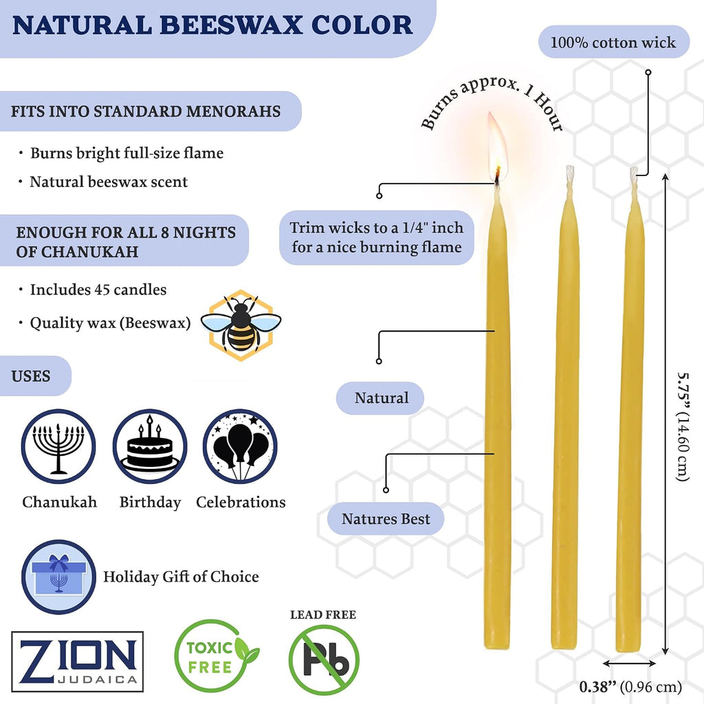 Quality Natural Beeswax Hanukkah Candles - Standard Size Chanukah Candle 5.75" Tall - Premium Bee Wax - Set of 45