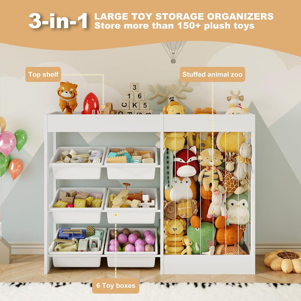 50.6"Wx39.4"H Toy Storage Organizer, Toy Shelf with Stuffed Animal Storage Zoo for 80+ Plushies, 6 Removable Plastic