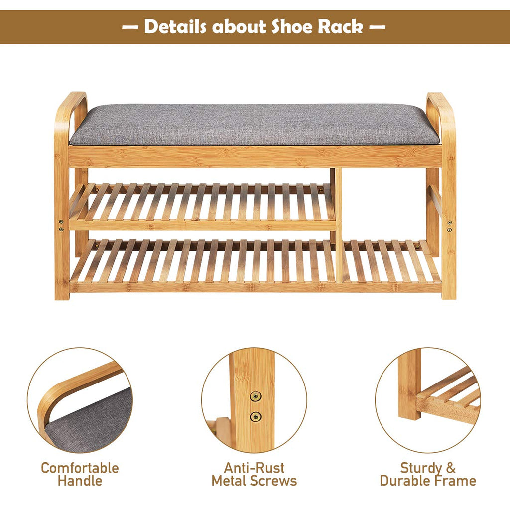 Bamboo Entryway Shoe Bench, 3 Tier Sturdy Shoe Rack with Flip Top Storage Space and Padded Cushion, Compact Shoes