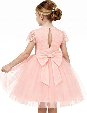 Flower Girl Dress Big Bow Kids Lace Tulle Princess Wedding Gown