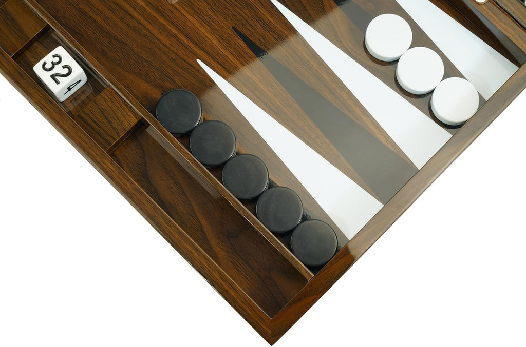 Deluxe Wood 18" Lacquered Backgammon Board Game Set with Premium Leather Dice Cups and Acrylic Game Chips