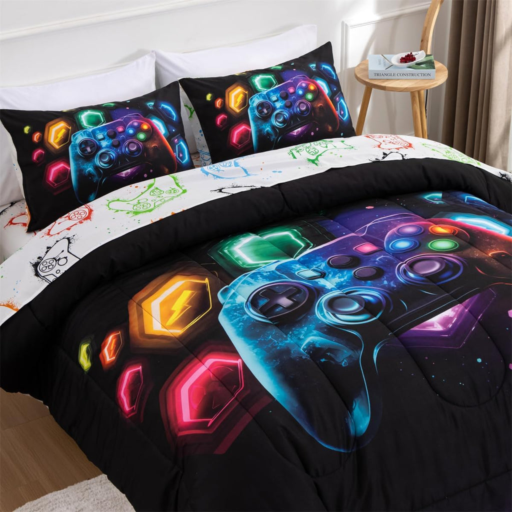 Game Console Comforter Set for Boys Girls Kids Space Universe Gaming Geometric Lightweight Microfiber Gamer Bedding