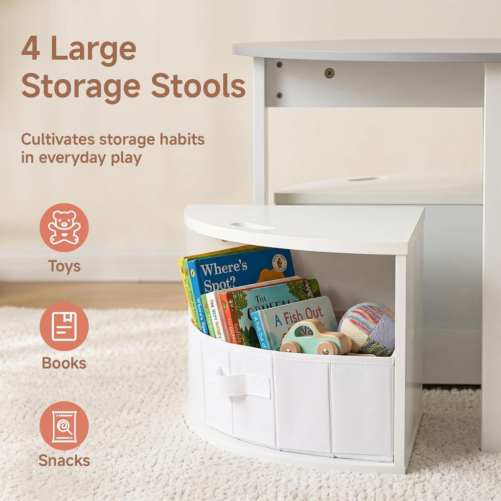 Kids Table and Chair Set,Wooden Round Desk with 4 Storage Drawers