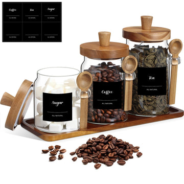 3 Pcs Glass Coffee Container Set, 13.5, 20, 25 oz, Acacia Brown