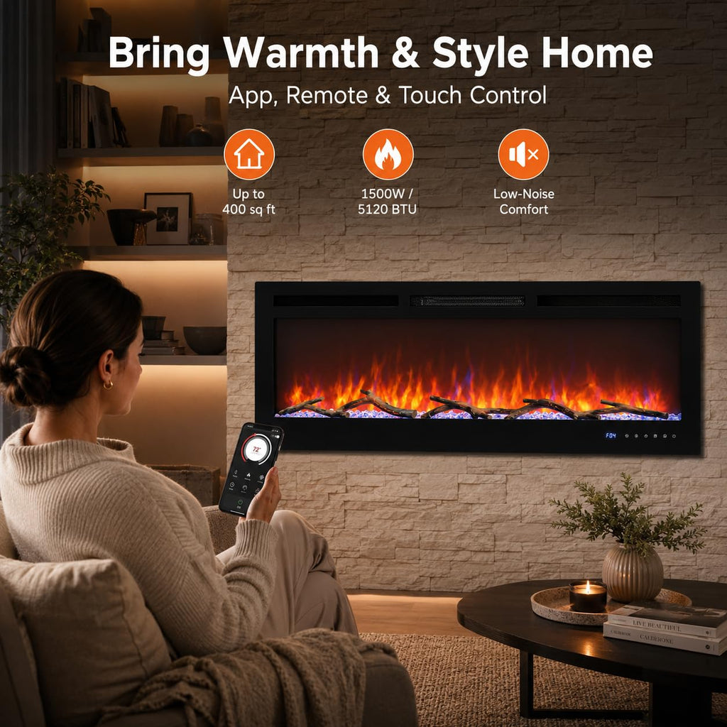 72 in Electric Fireplace, Recessed/Wall Mounted Linear Fireplace with WiFi & Remote Control, Multicolor Flame Effect