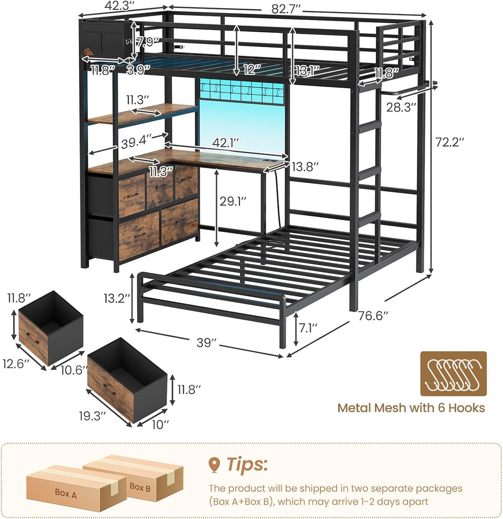 Bunk Bed with L-Shaped Desk,5 Storage Drawers and 2 Shelves Metal Twin XL Over Twin Bunk Bed with LED Lights and