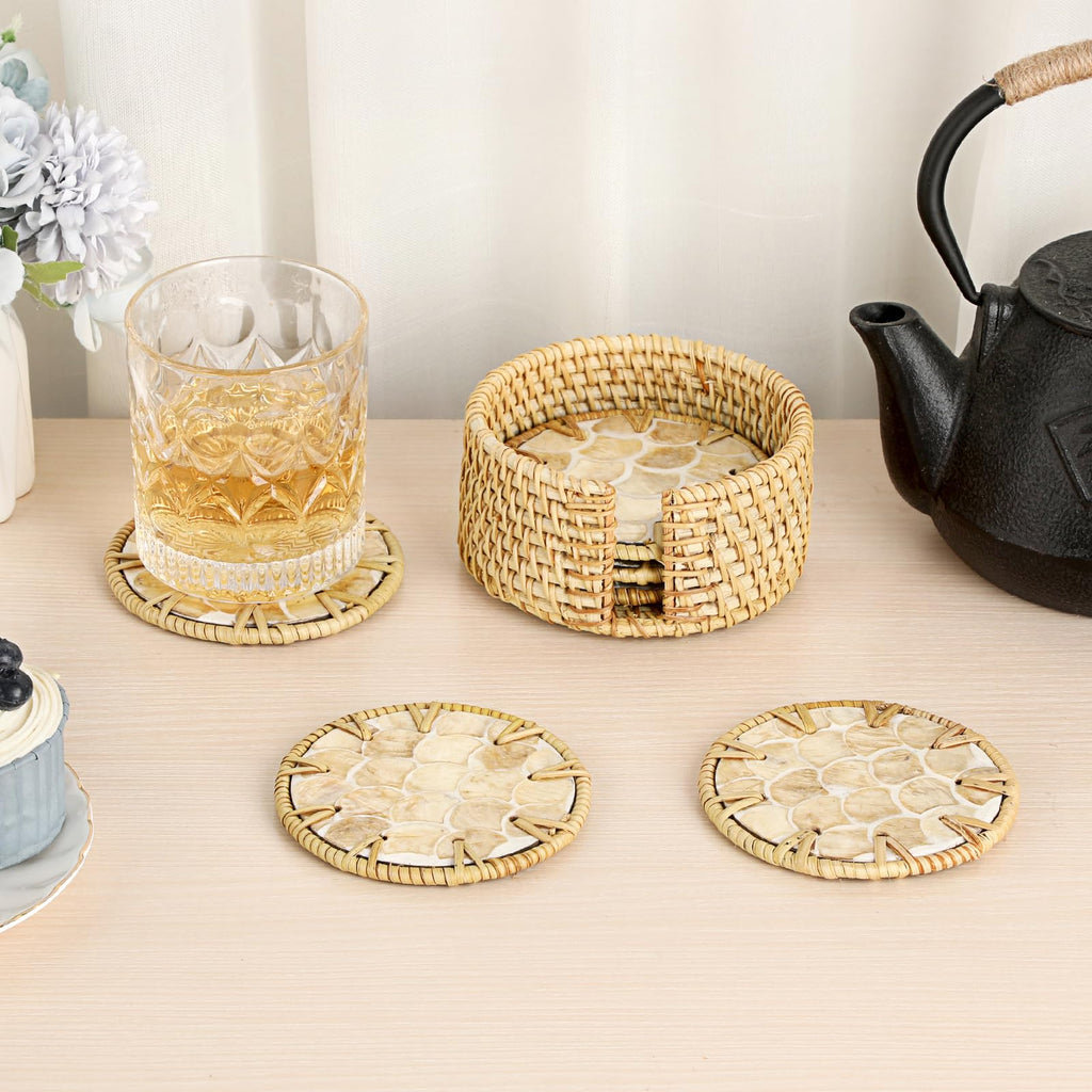 Coastal Coasters Set of 6, Boho Coaster Set with Holder, Fish Scale