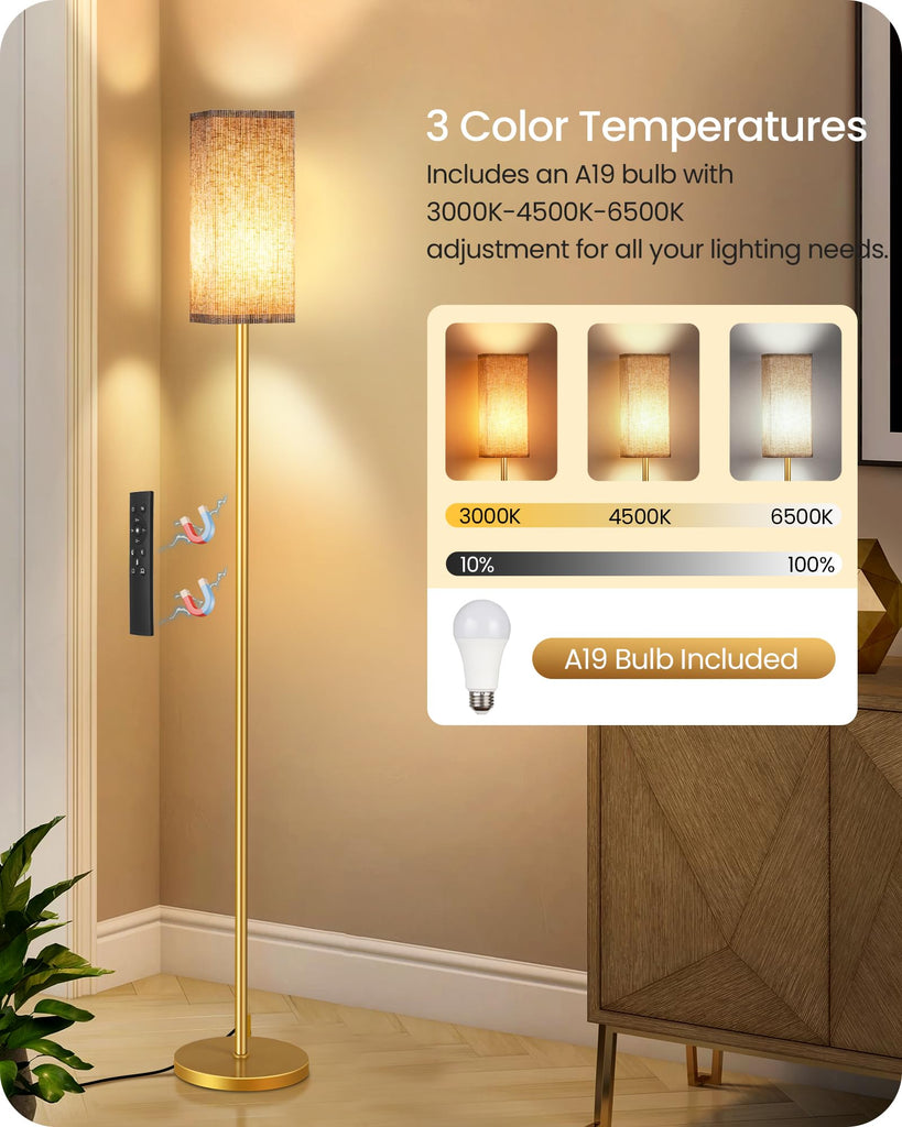 64.2" Dimmable Floor Lamp with Remote and Foot Switch, Corner Floor Lamp, Includes 10W A19 Bulb, Modern Standing