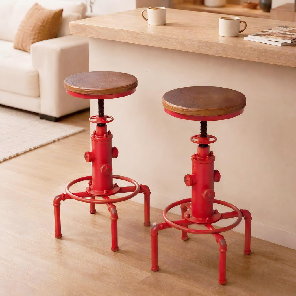 Aged Antique Vintage Industrial Barstool Solid Wood Water Pipe Fire Hydrant Design Cafe Coffee Industrial Bar Stool