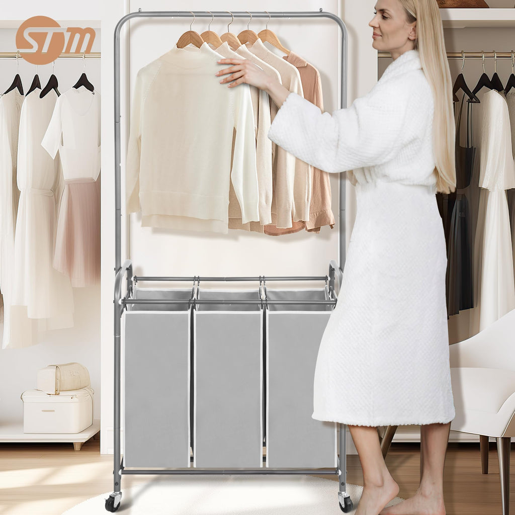 Laundry Sorter with Hanging Bar, Portable, Removable Laundry Hamper Cart with Heavy Duty Rolling Lockable Wheels