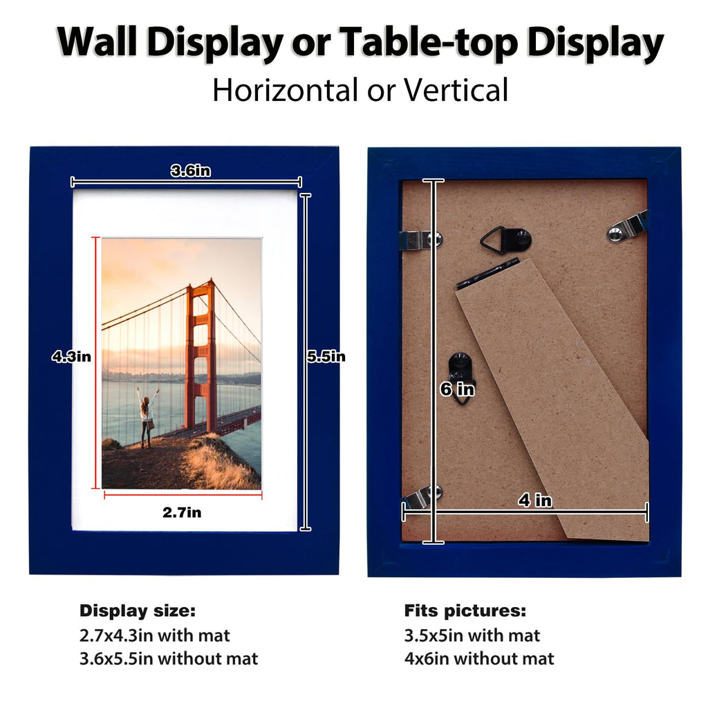 4x6 Picture Frame Navy Solid Wood Set of 4, Mat 3.5x5