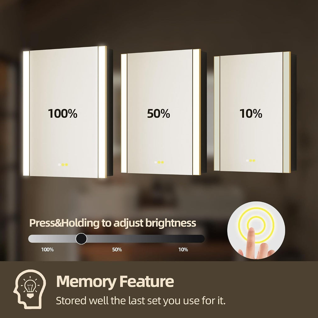 LED Medicine Cabinet with Light, 24x36 in, Gold Frame, Defogging, Adjustable Glass Shelves, Outlet and USB (24x36in)