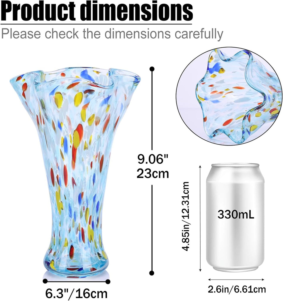 Hand Blown Glass Vase for Flowers, Murano Style Fluted Art Aqua Glass Vase, Wide Mouth Colorful Decorative Vase