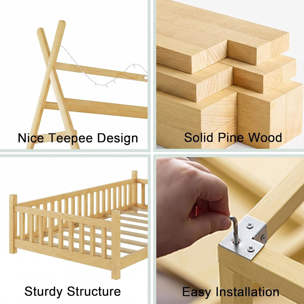 Full Tent-Shaped Bed for Kids with LED Light, Teepee Floor Bed with Guardrails, Wooden Montessori Bed Frame