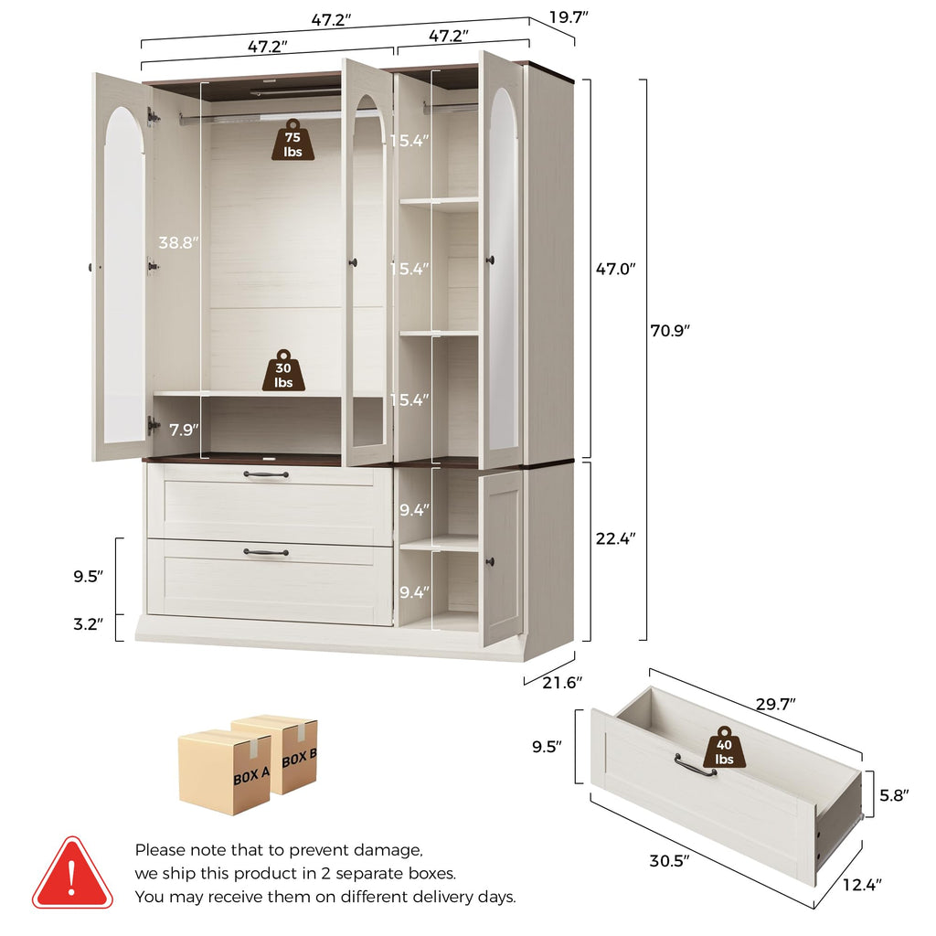 71" H Wardrobe Armoire with Mirror and Sensor Light, Flexible, Antique White