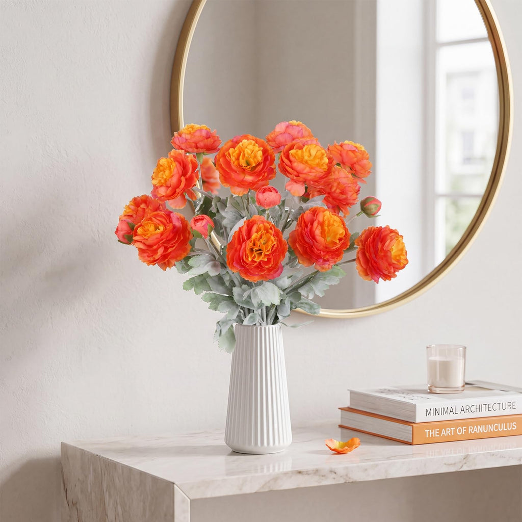 Orange Peonies 6PCS Artificial Ranunculus Silk Real Touch 18Heads