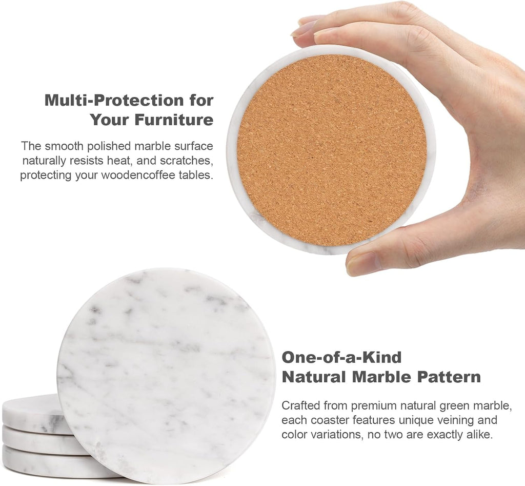 White Drink Coasters, 4-Inch Exquisite Marble Stone Coasters, Natural Stone Design - Set of 4