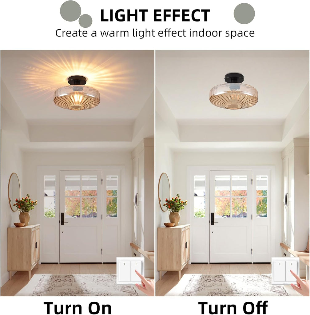 Semi Flush Mount Ceiling Light,11.8 inch Vintage Warm Amber Glass Ceiling Light Fixture,Living Room Lighting Fixtures