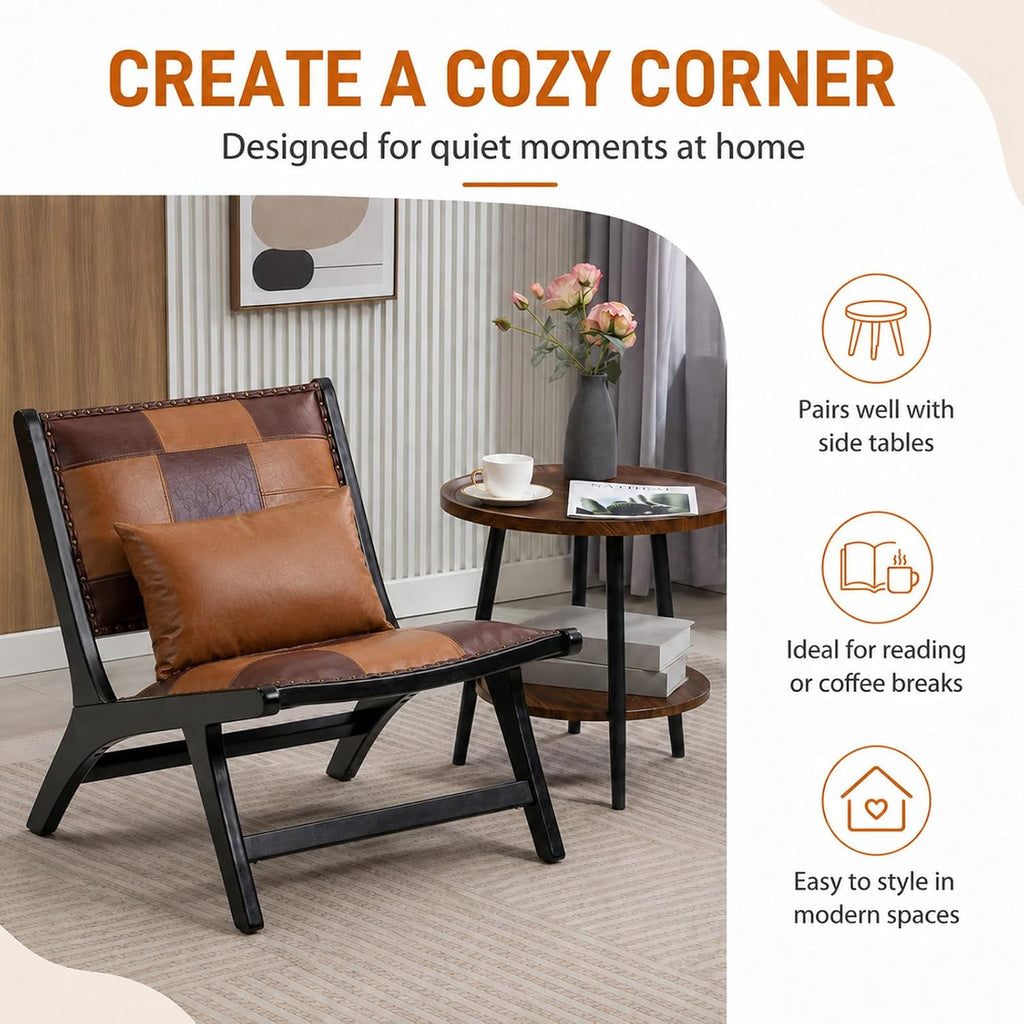 Modern Boho Accent Chair, Mid Century Lounge Chair with Solid Wood Frame, PU Leather Side Chair, Designer Small