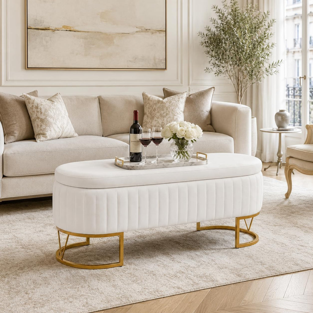 Velvet Storage Bench for Queen Size Bed, 46'' Beige Oval Ottoman, Gold Legs | Easy Assembly, Housewarming Gift
