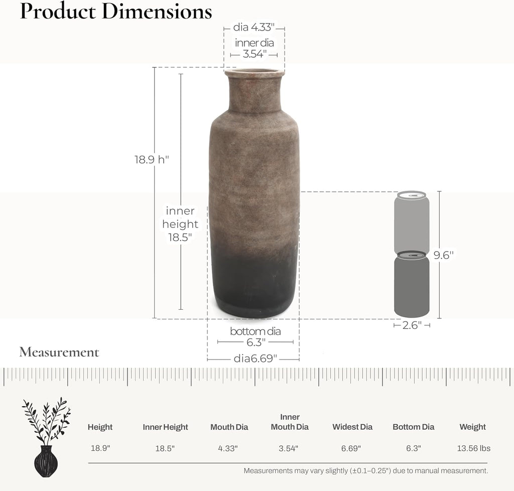 LuxenHome Ceramic Floor Vase, 19-Inch Brown Ombre Terracotta Vases | Rustic Pottery Vases, Large Vase Decor