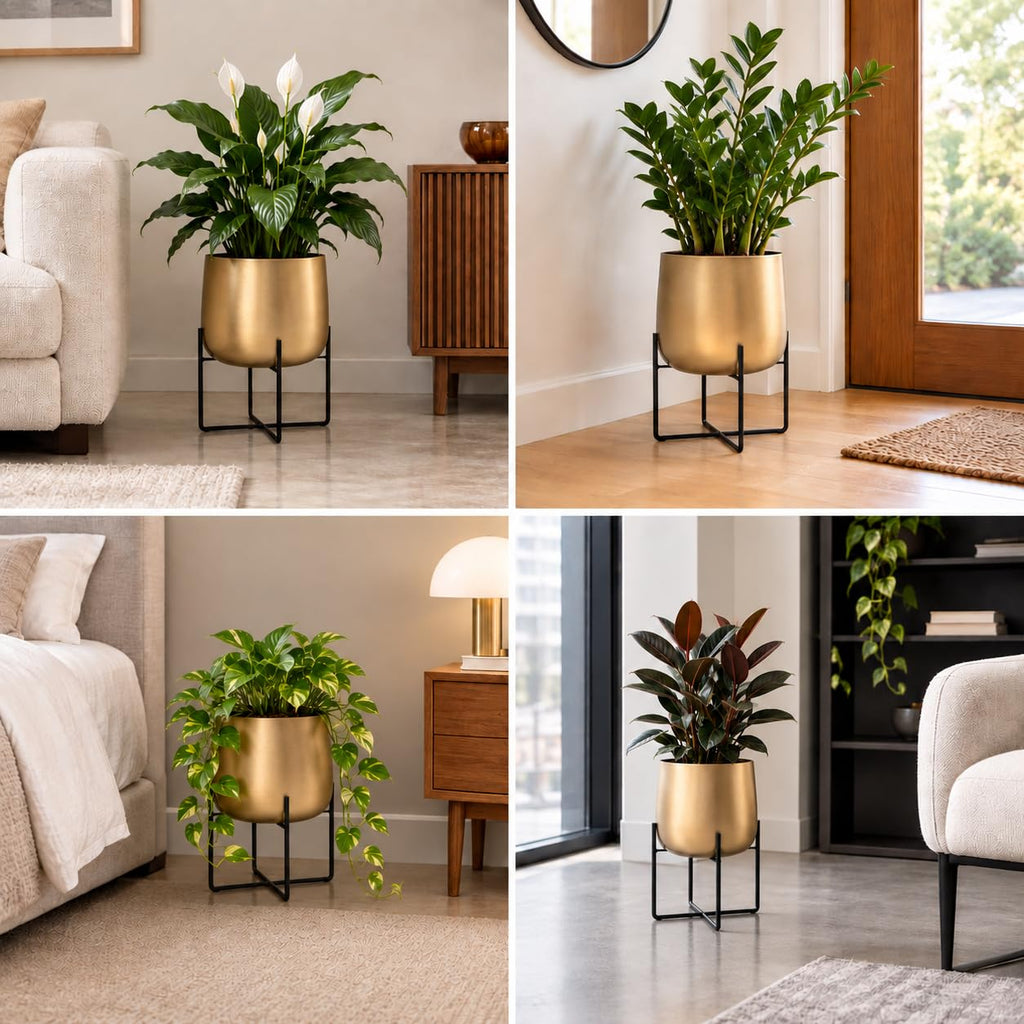 8.5 Inch Gold Metal Plant Stand with Pot - Indoor Planter, Large Flower Pot