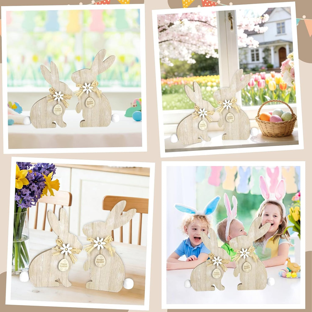 Easter Wooden Bunny Table Decor,Farmhouse Rabbit with Pompom Ball Table Centerpiece Signs,Easter Tiered Tray - Set of 2