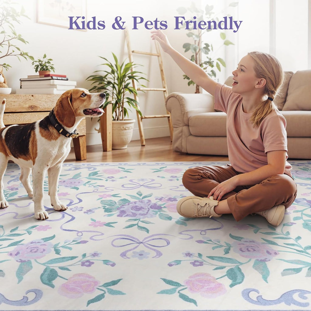 4x6 Purple Floral and Bow Washable Nursery Rug for Girls Bedroom