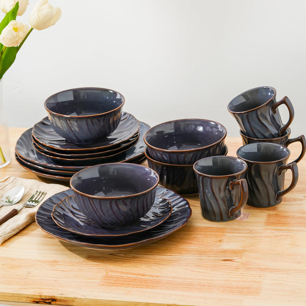 Ceramic Dinnerware Sets for 4, 16pcs Plates and Bowls Sets, Reactive Glaze Ceramic Dish Set, Scratch Resistant