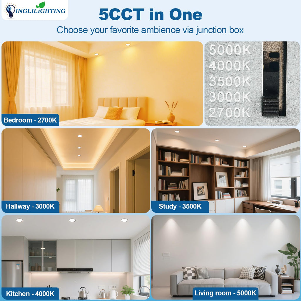LED Recessed Ceiling Lights: 12 Pack 3 Inch 5CCT Ultra-Thin Lighting with Junction Box - 600LM Brightness 6W Eqv 50W