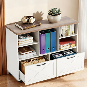 39.3" Lateral File Cabinet with Wheels, Farmhouse Wood File Cabinet with Drawers, Small Home Office File Cabinet with