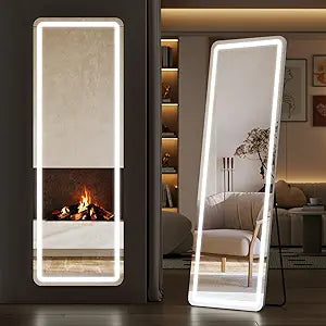 Full Length Mirror with Led Lights, 65"X21" Lighted Full Body Floor Mirror with Dimming & 3 Color Lighting, Stand,