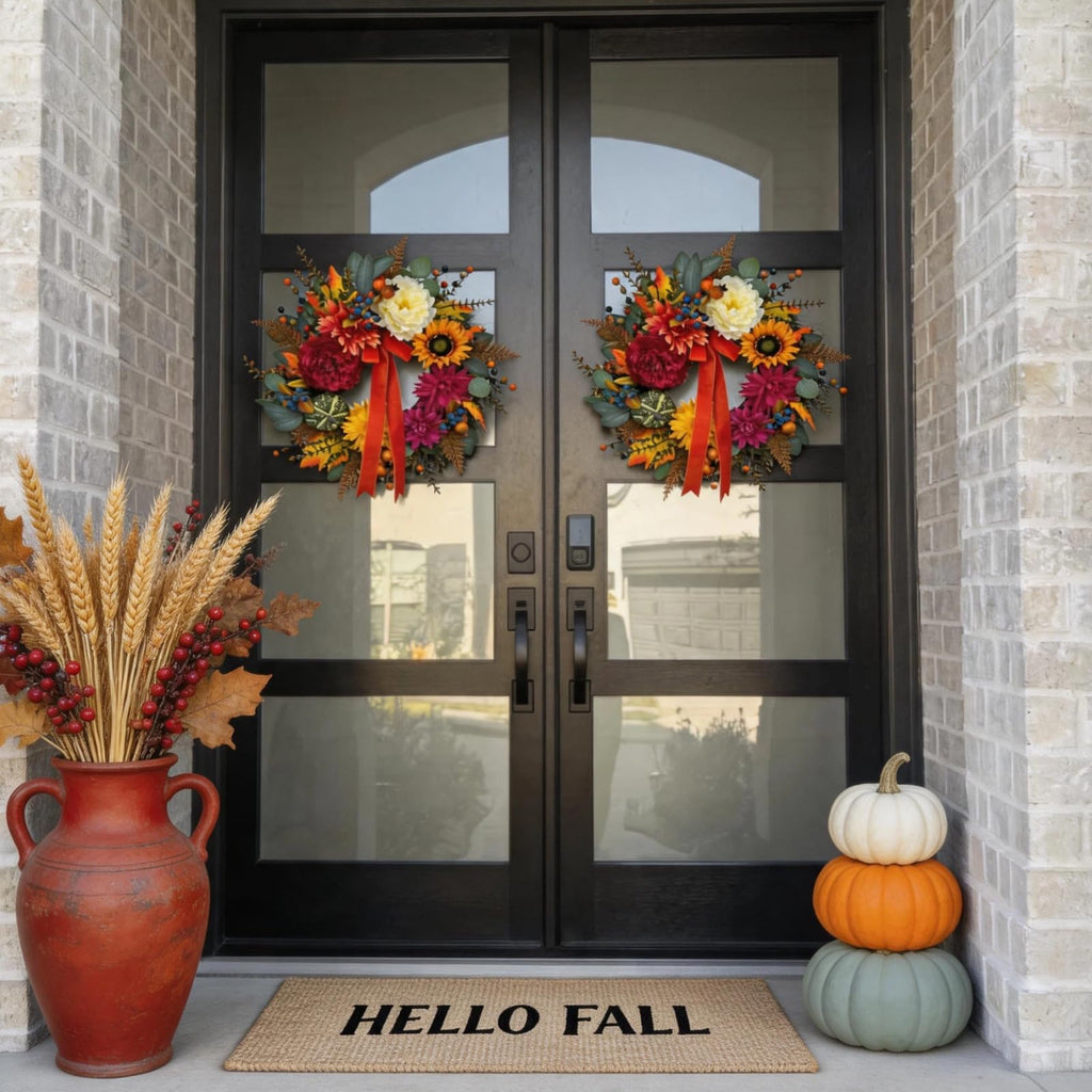 Fall Wreaths for Front Door Outside, 24 Inch Autumn Outdoor Wreath