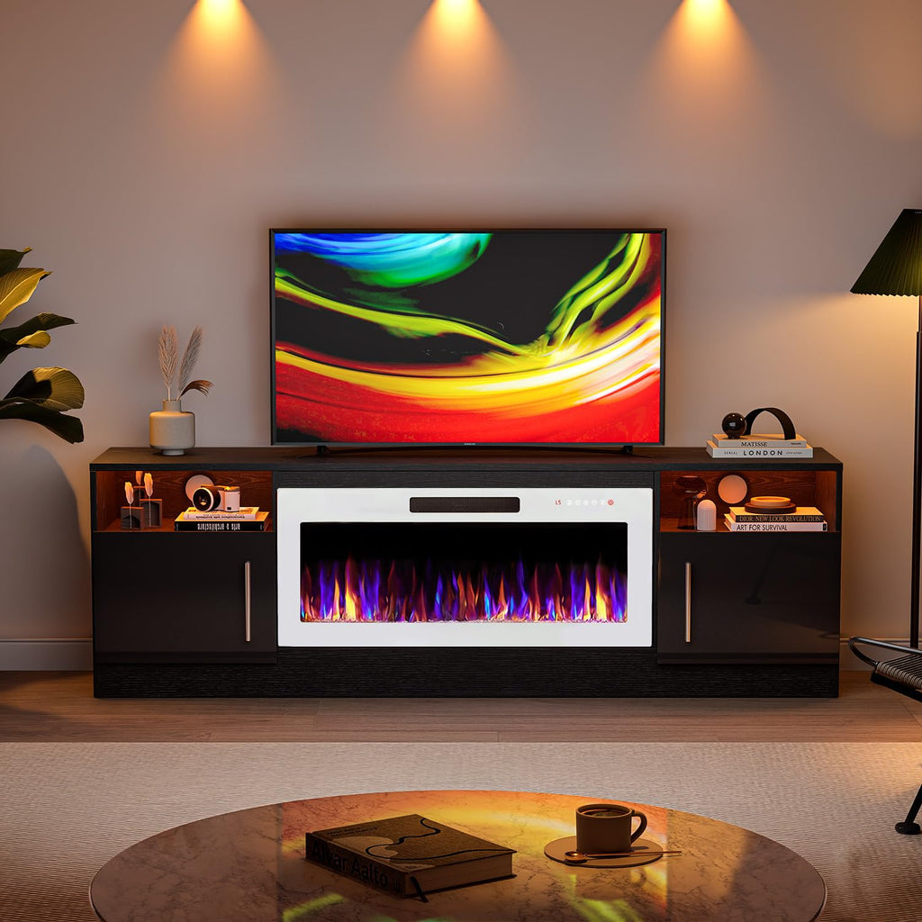 TV Stand Fireplace with 36" inch Electric Fireplace Up to 80" TVs, LED Light Entertainment Center, 70" Modern Wood