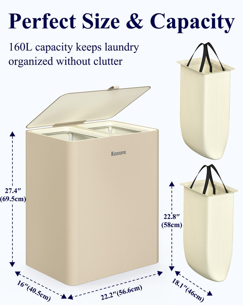 Laundry Hamper with Lid 160L, 2-Compartment Sorter, Removable Bags