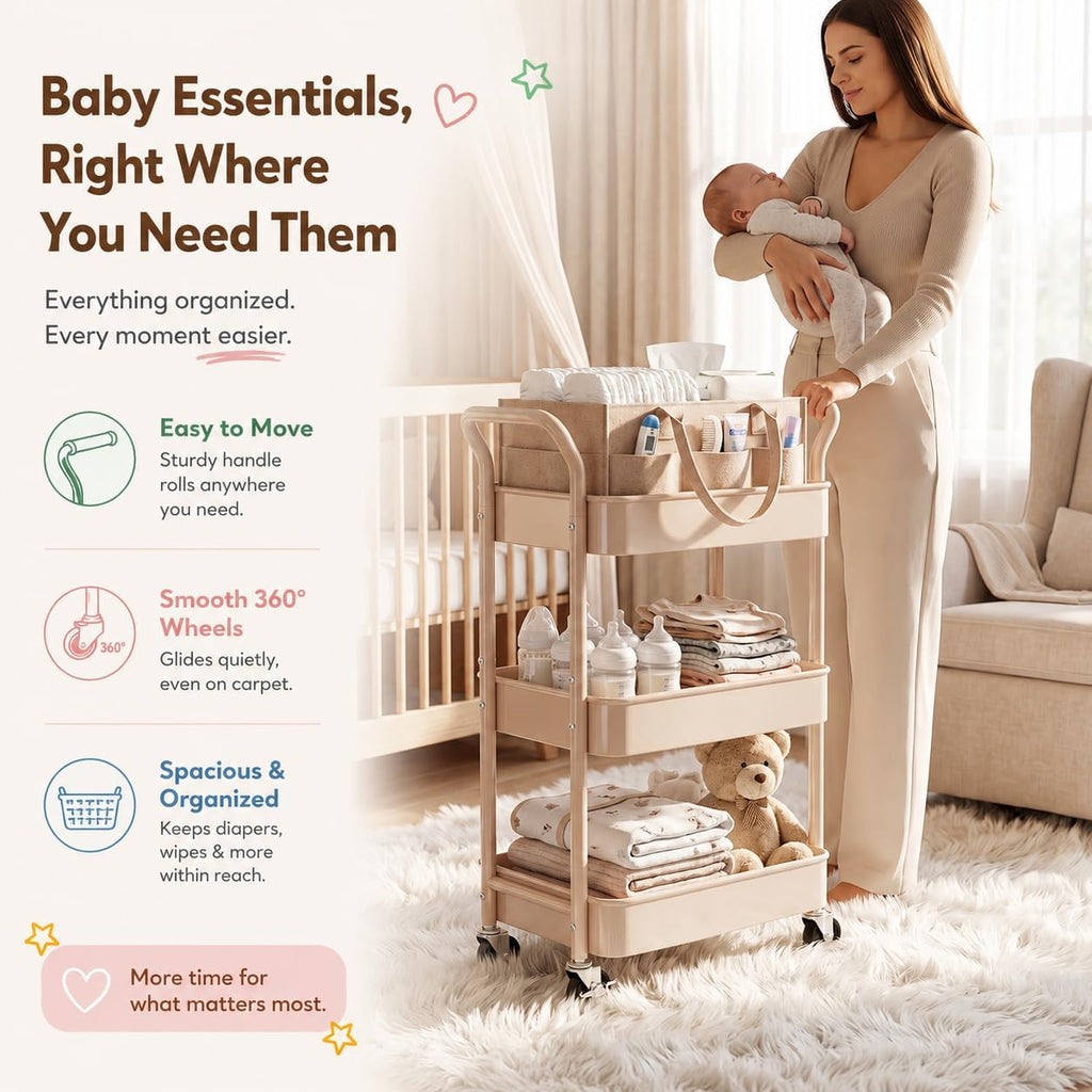 Beige 3 Tier Rolling Diaper Caddy Cart with Wheels and Detachable Dividers