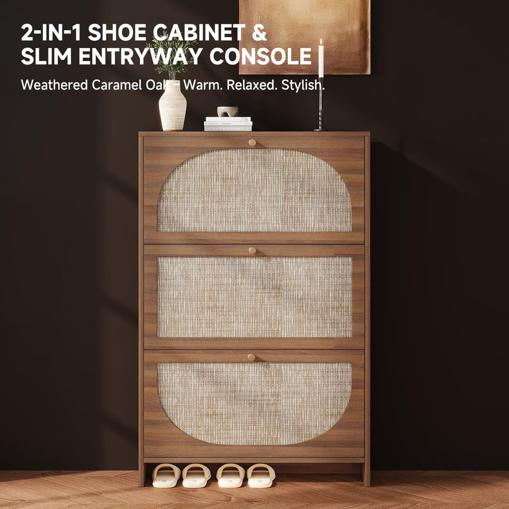 Shoe Storage Cabinet, Modern Walnut Shoe Cabinet with Tiered Fluted Design, 9.5" Slim Shoe Rack for Small Spaces