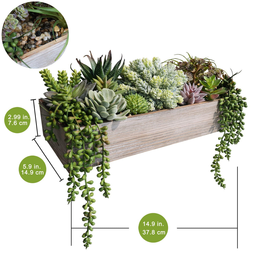 15" Artificial Succulents Plants Arrangement Fake Succulent Plants in Whitewashed Rectangular Wooden Planter Box Faux