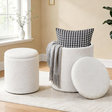 Round Set of 2 Ottoman with Storage, Boucle Storage Ottoman Foot Stool
