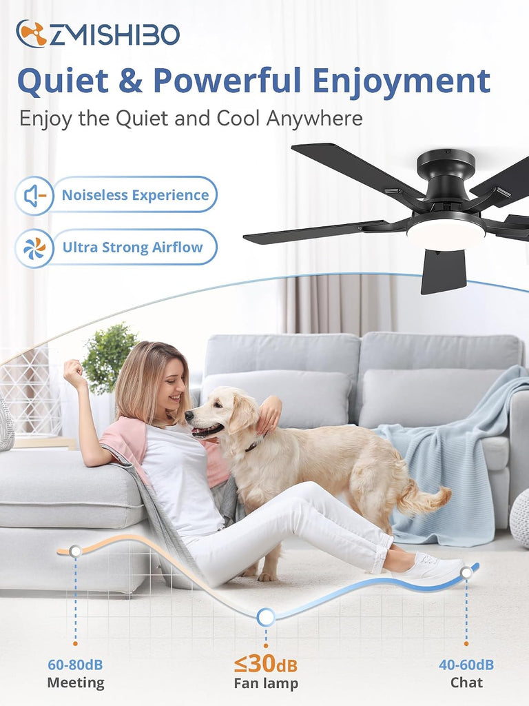 42 Inch Ceiling Fan with Light, App&Remote Control, Flush Mount Low Profile, Dimmable 20W LED Light, Quiet Reversible Motor for Bedroom, Living Room, Apartment, Black A101-B0F8B7CFP5