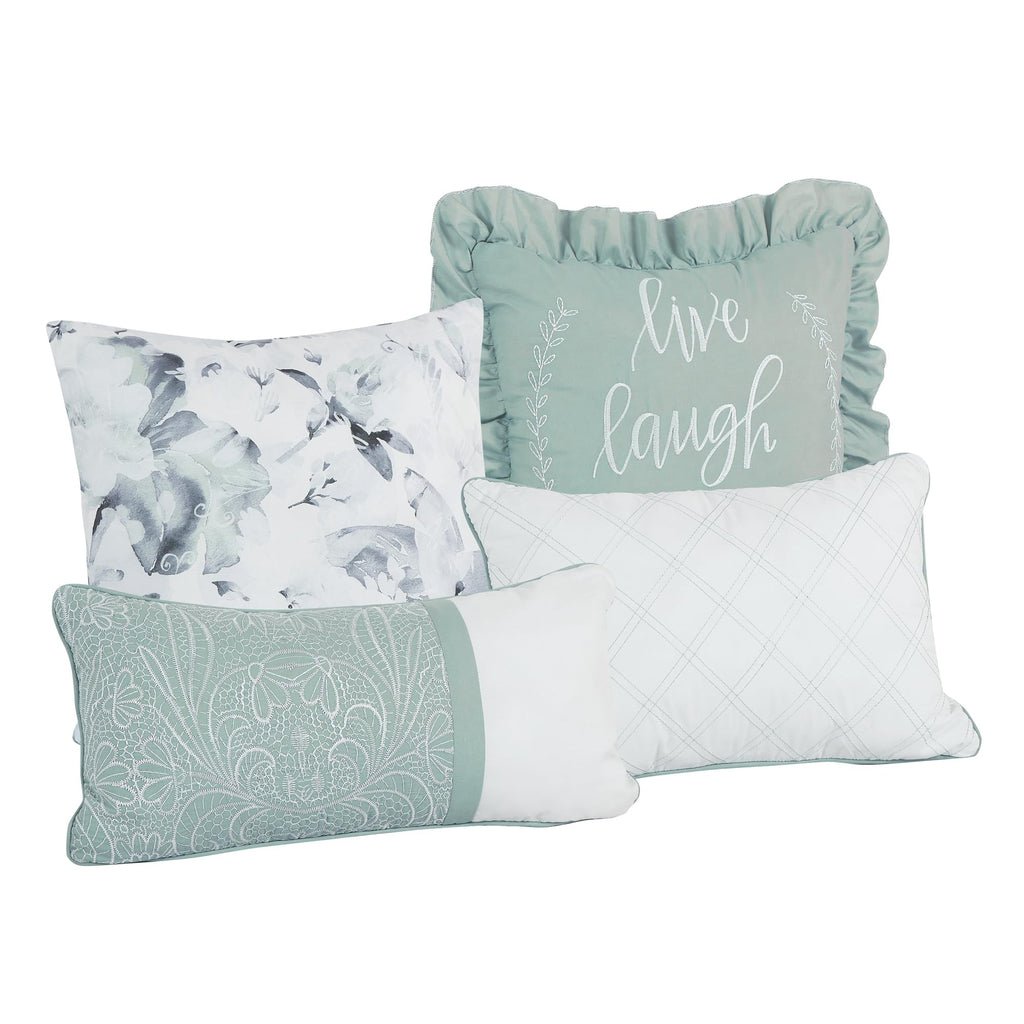 Luxury 7-Piece Floral Comforter Set, Aqua-Green Printed & Lace-Style Embroidered Bedding with Decorative Pillows