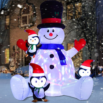 7ft Inflatable Christmas Snowman with Penguins, Rotating 7 Color Changing Led Lights and 3LED Lights Xmas Holiday