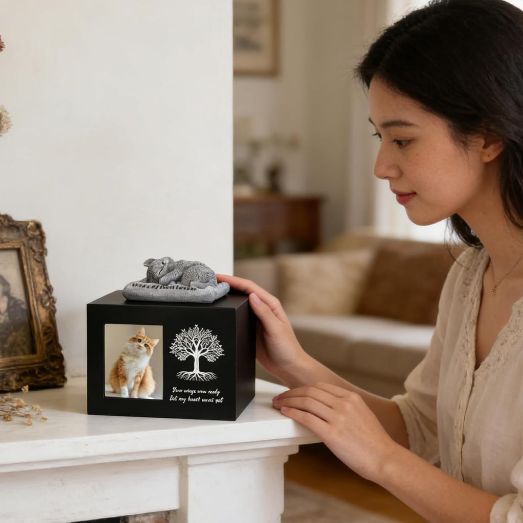 Cat Memorial Urn for Ashes, Wooden Tree Pattern Cat Keepsake Box with Photo Frame, Resin Angel Statue & Velvet Ash