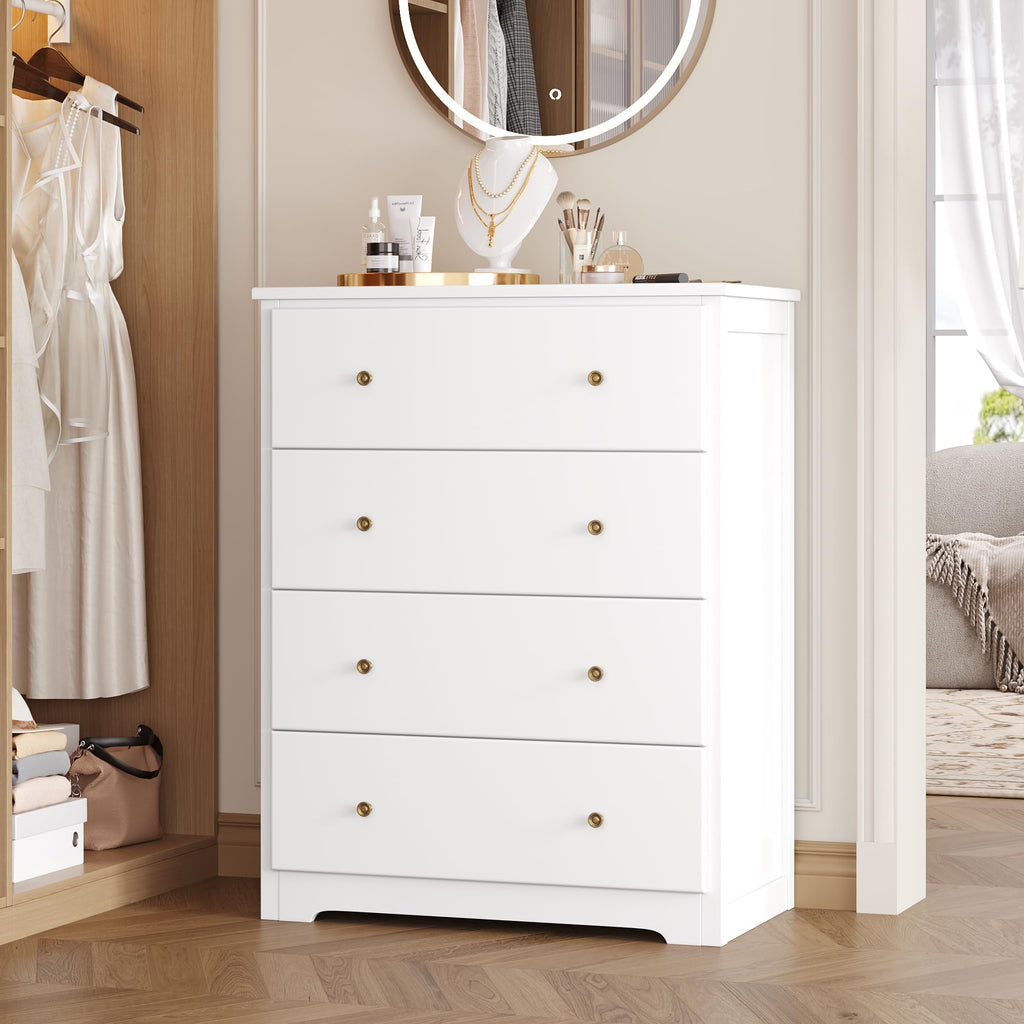 White Dresser with 4 Drawers, 29" W Chest of Drawers, Wood Dresser | Modern 4 Drawers Dresser, Space-Saving Vertical