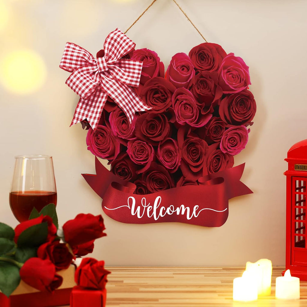 Valentine's Day Wooden Hanging Welcome Sign Romantic Retro Rose Door Decor Rustic Farmhouse Wreath Sign Door